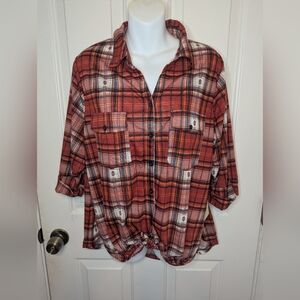 Paper + Tee Red/BlacK Plaid Flannel Shirt Tie Front 3/4 Roll-Tab Sleeve, Size 2X